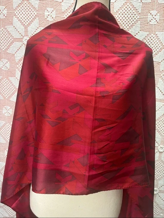 100% Silk Sheer Scarf Wrap | Red Geometric | Lightweight - Picture 5 of 7